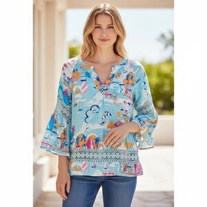Crown & Ivy bell sleeve tropical beach printed boho shirt blouse size S
